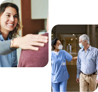 Female with hand on shoulder of another person and medical professional speaking to male both in masks in different settings Female with hand on shoulder of another person and medical professional speaking to male both in masks in different settings